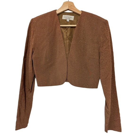 Vintage 90's Brown Glitter Sparkle Crop‎ Jacket Blazer LAUNDRY by SHELLI SEGAL - Picture 1 of 9